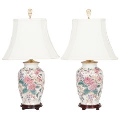 Retro Ming Style Floral Ceramic Table Lamps, a Pair