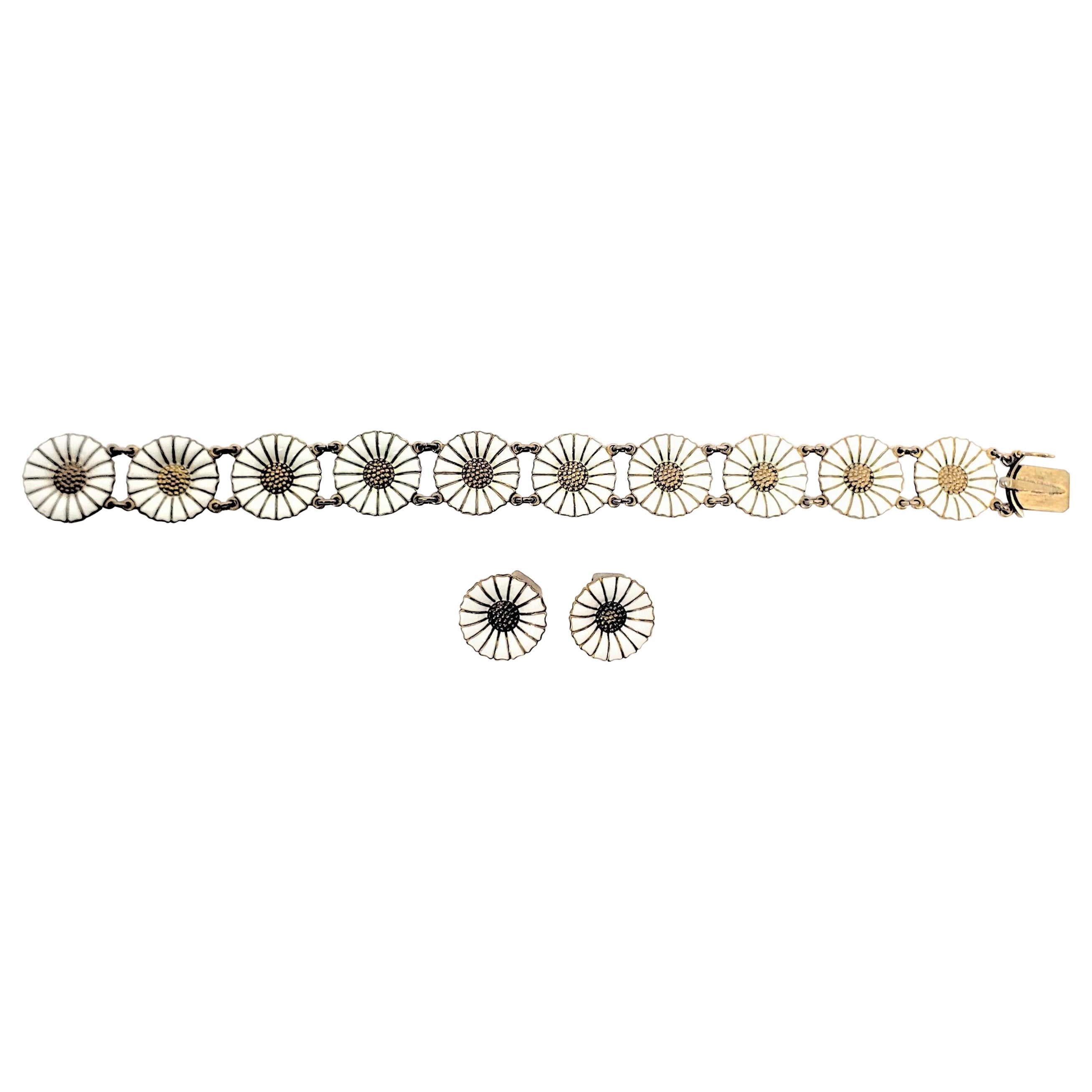 Anton Michelsen Dänisches Sterling & Emaille Stilisiertes Gänseblümchen-Armband & Ohrring Set im Angebot