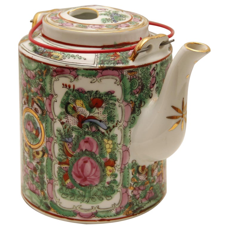 Vintage Famille Rose Medallion Teapot For Sale