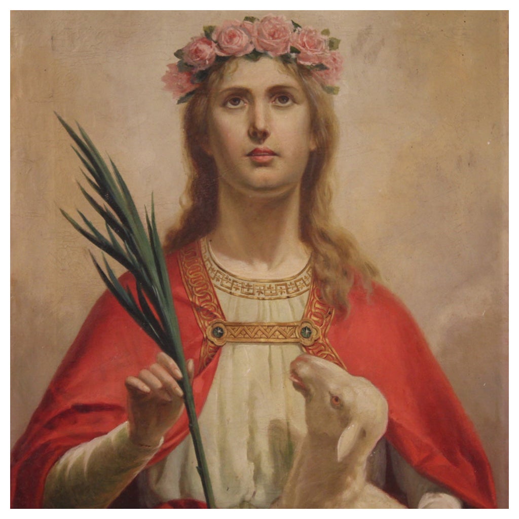 20th Century Oil on Canvas Italian Religious Painting Saint Agnes, 1920