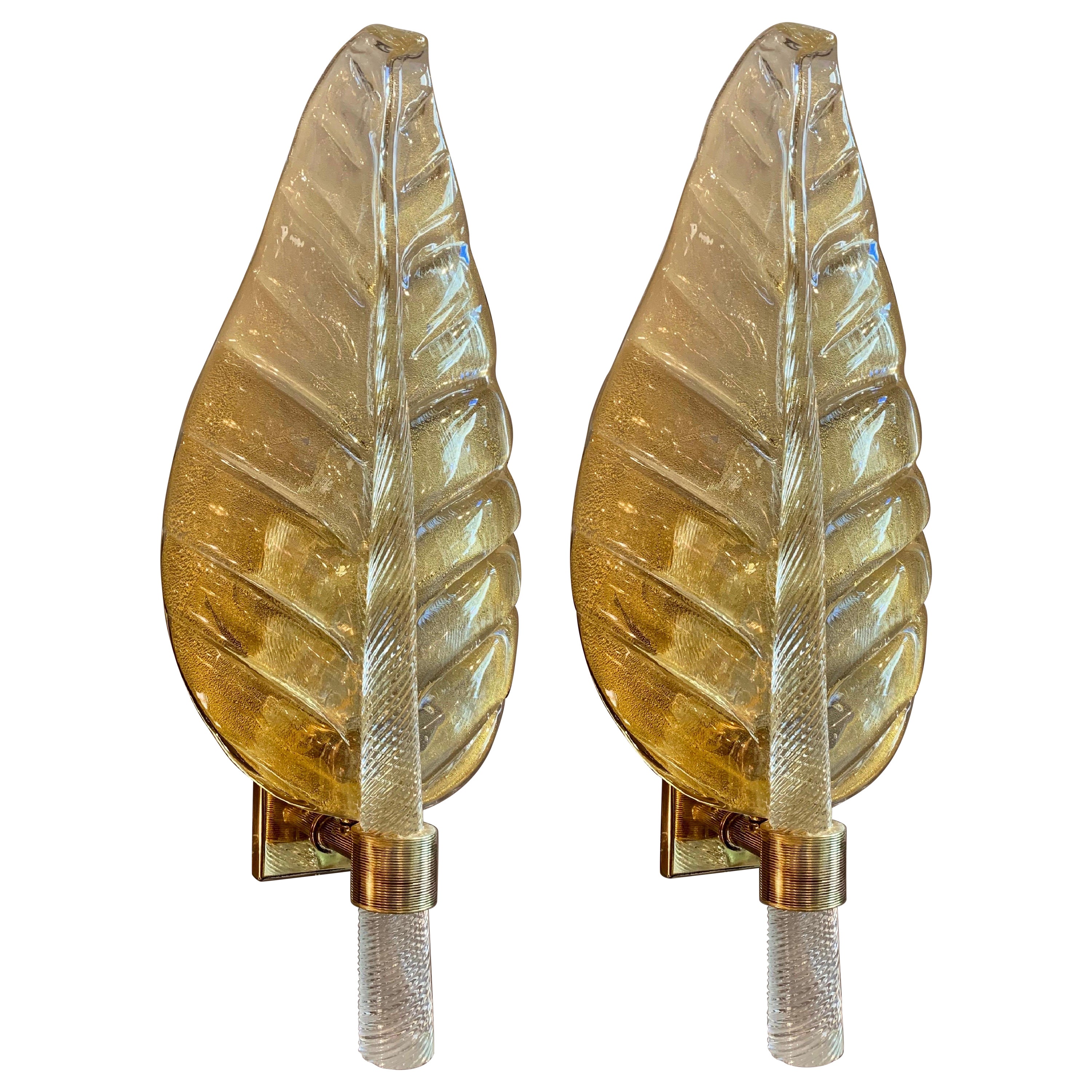 Pair of Murano Glass Gold Leaf Sconces, 1940s For Sale