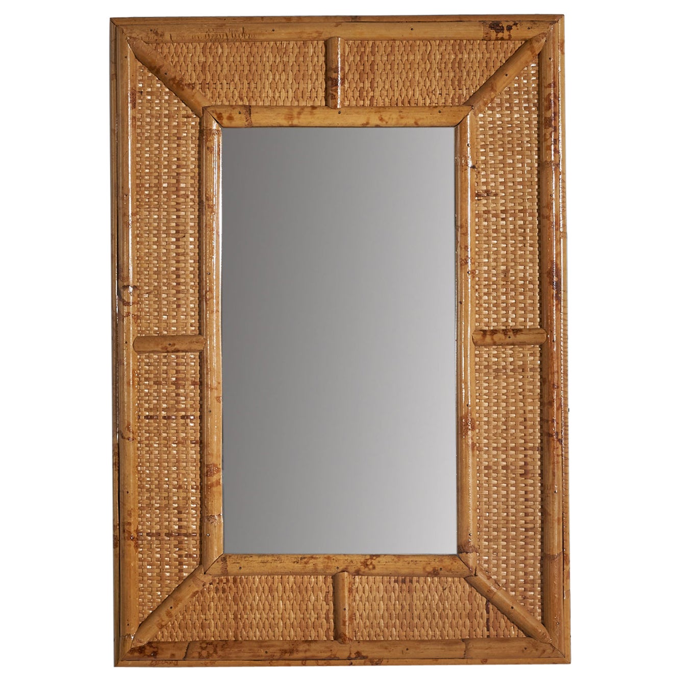 Italian Designer, Wall Mirror, Rattan, Mirror Glass, Italy, C. 1960s