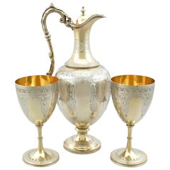Martin, Hall & Co Antique Victorian Sterling Silver Gilt Claret Jug and Goblets