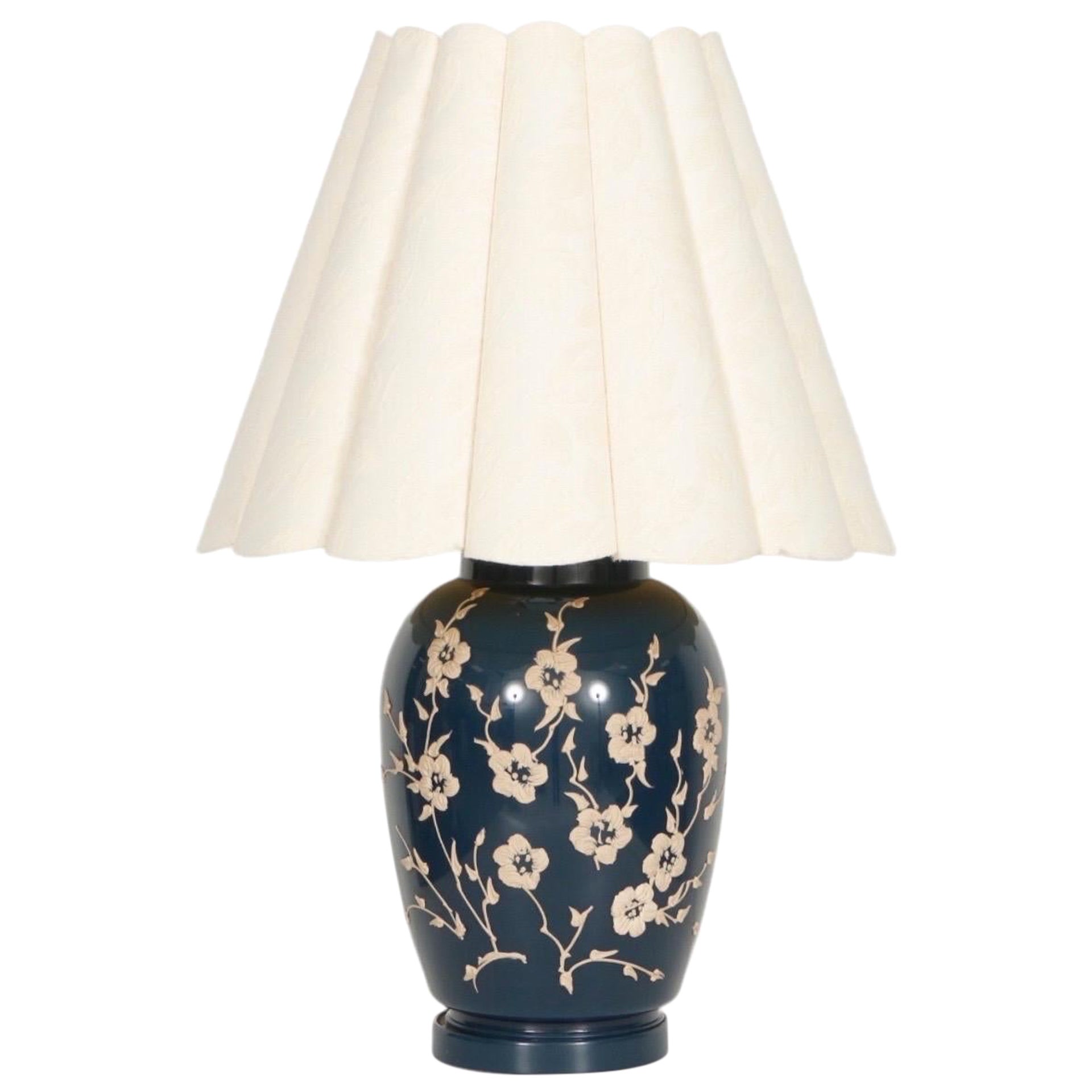 Floral Ceramic Table Lamp in Blue & Tan For Sale