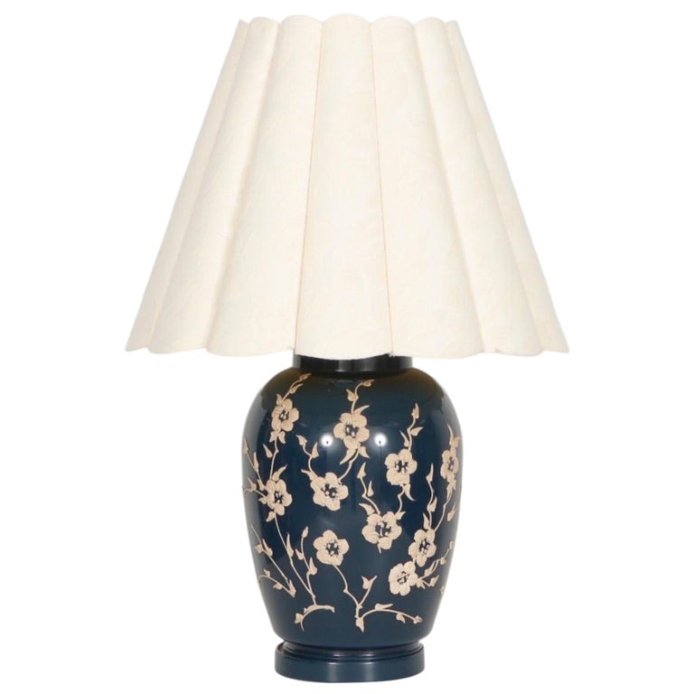 Floral Ceramic Table Lamp in Blue and Tan For Sale at 1stDibs