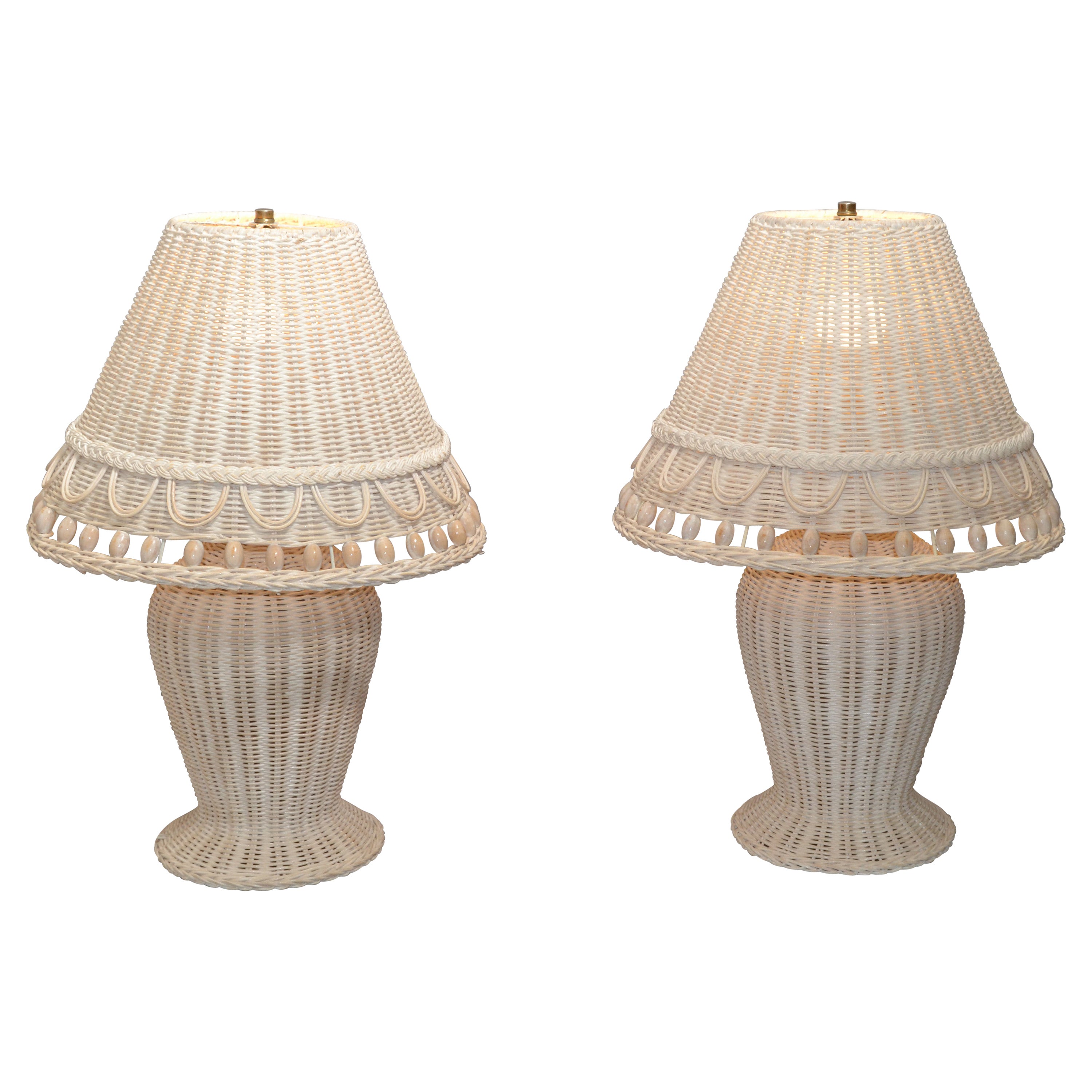 2 Hollywood Regency Vintage White Bleached Handwoven Wicker & Beaded Table Lamp For Sale