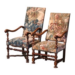  Mid-19th Century French Louis XIII Carved Walnut Armchairs - Set of Two