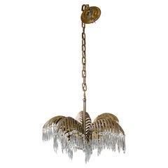 1920s French Art Deco Solid Bronze & Crystal Leaves Palm Tree 5 Light Chandelier