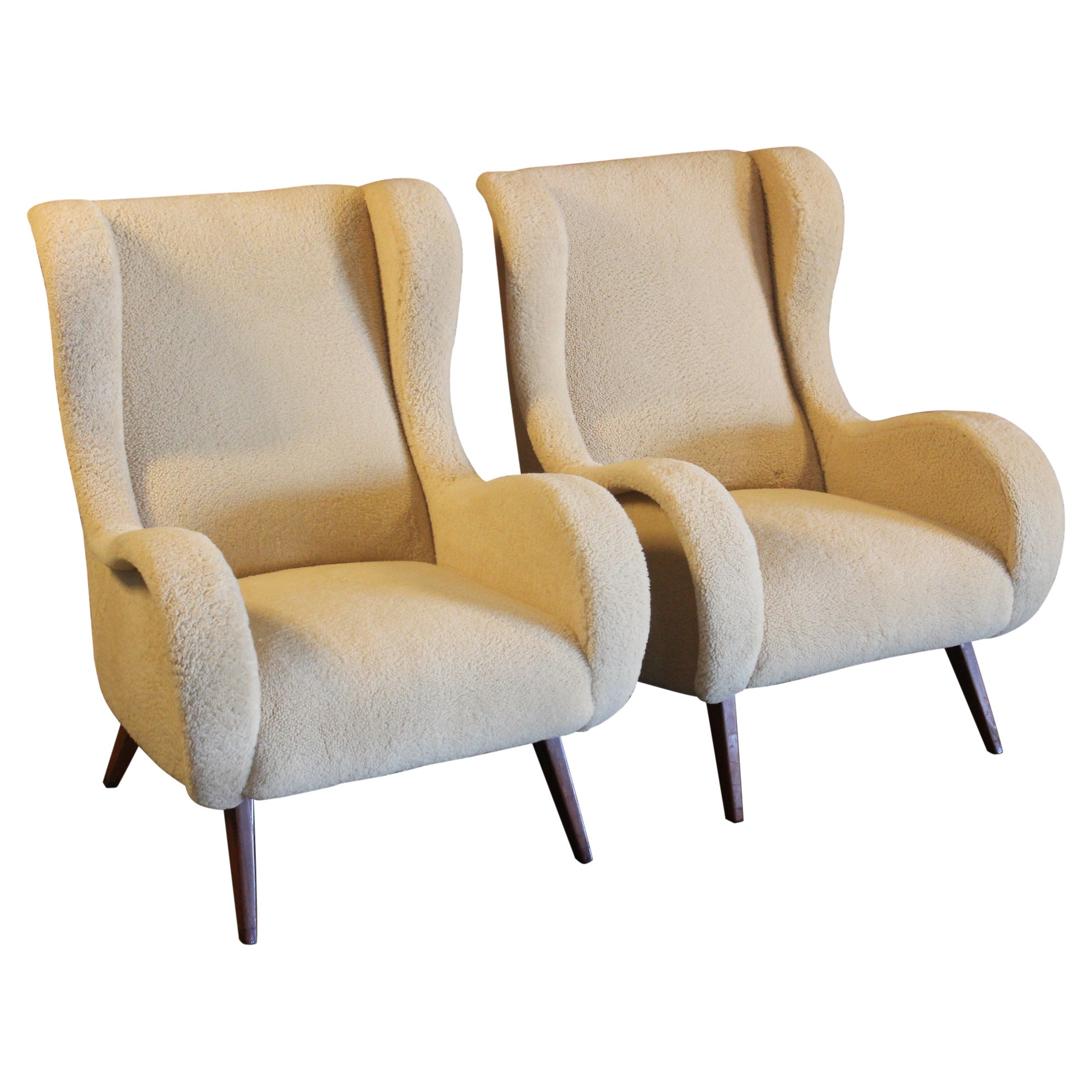 Pair of 1950s Italian Armchairs in Sheepskin in the Style of Marco Zanuso