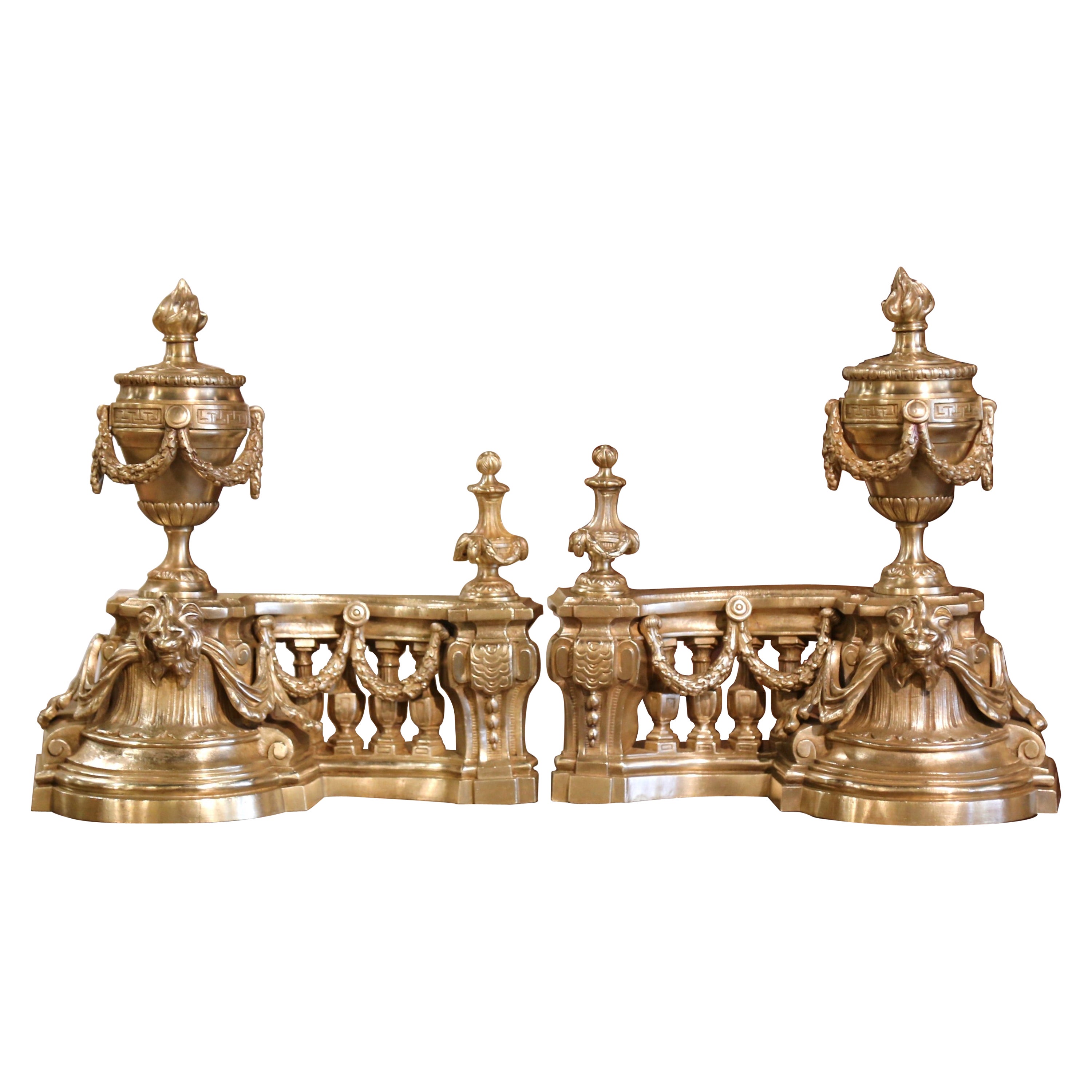 Pair of 19th Century French Louis XVI Bronze Dore Fireplace Chenets For Sale
