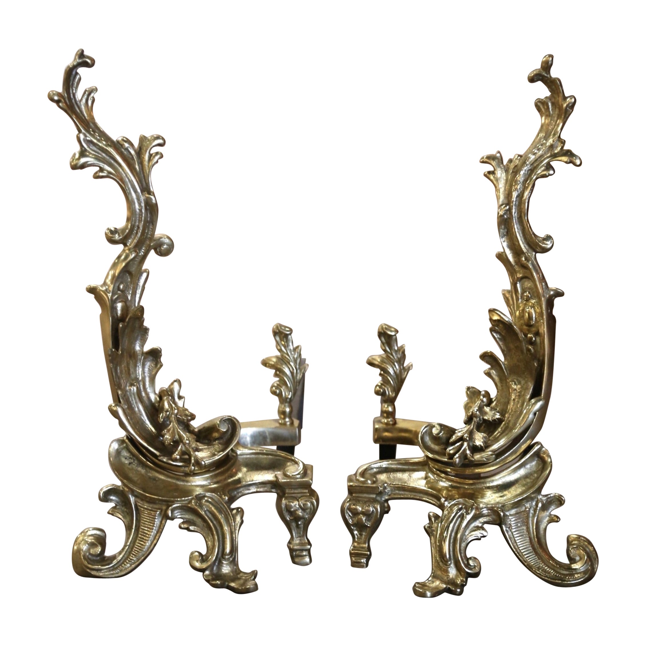 Pareja de Andirones Chenets Doré de Bronce Luis XV Franceses del Siglo XIX