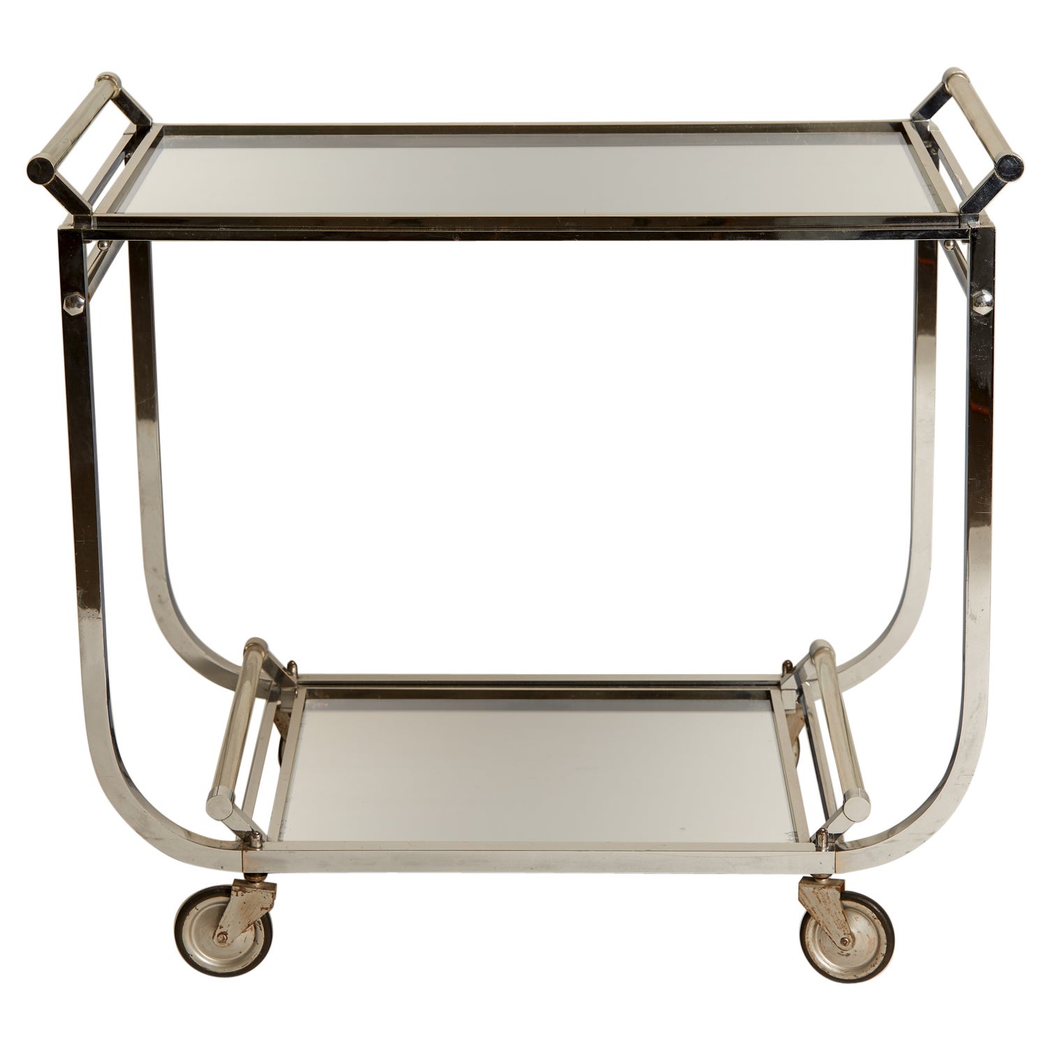 1970s French Nickel, Lucite and Mirror Bar Cart with Removable Tray For