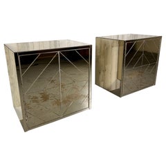 Comodini galleggianti vintage con motivo a diamante in bronzo e specchio