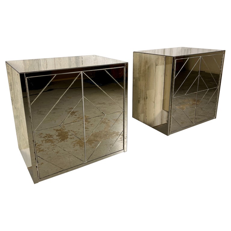 Vintage Diamond Pattern Bronze Mirrored Floating Night Stands For Sale