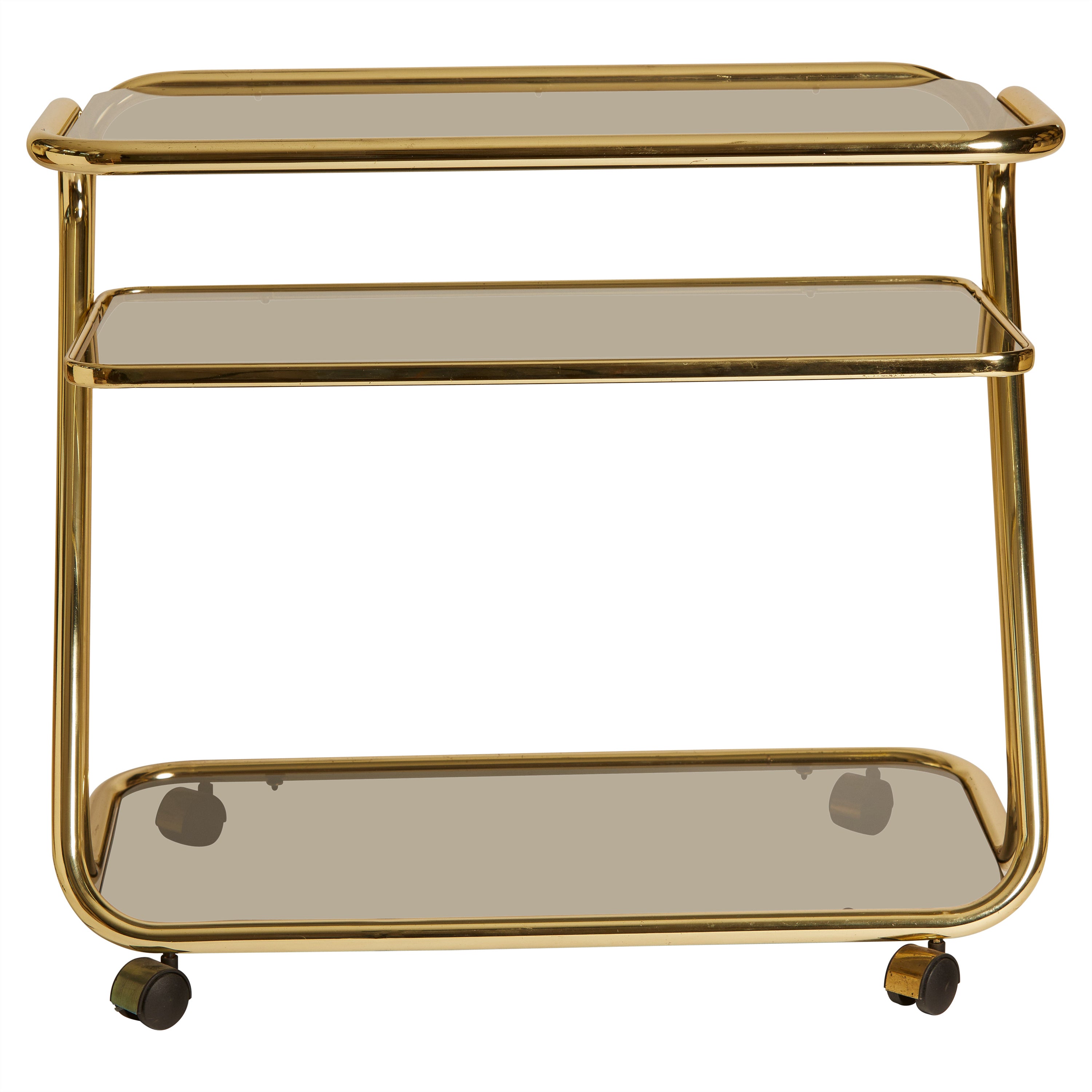 1980s, Italian, Brass & Smoked Glass 3 Tier Bar Cart For Sale