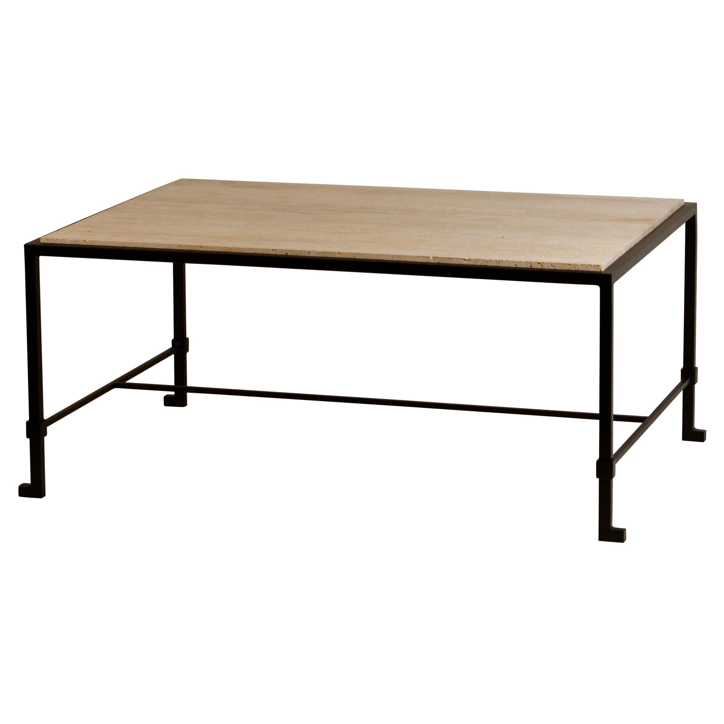 Chic 'Diagramme' Wrought Iron and Travertine Coffee Table For Sale