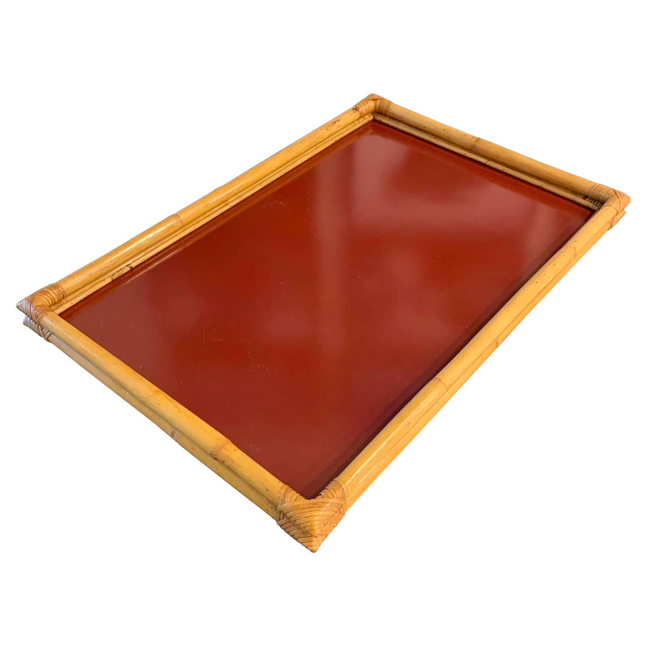 Bamboo and Red Lucite Serving Tray, Signed, Italy, 1970s For Sale