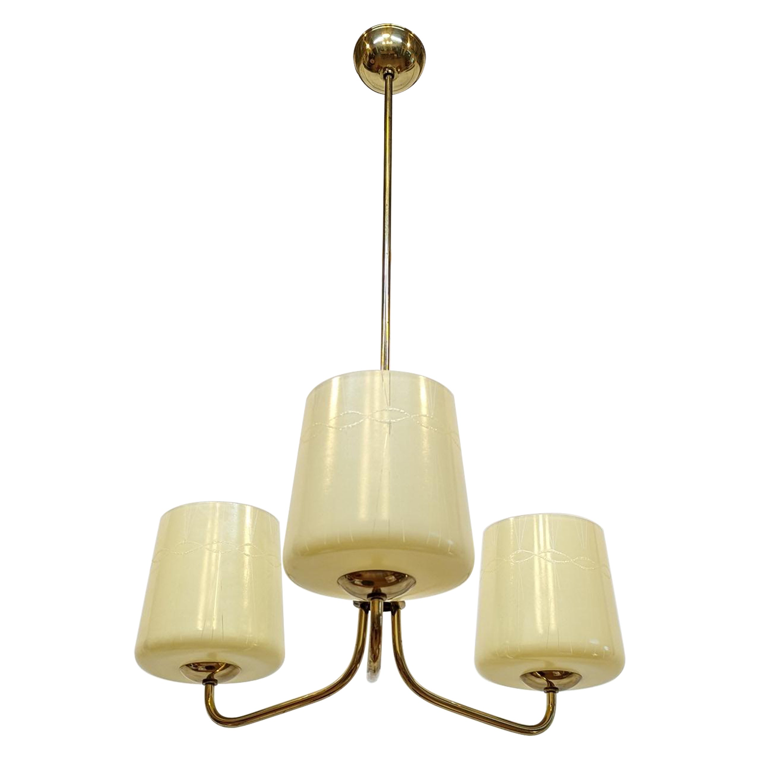 Austrian Mid Century Brass Opaline Glass Chandelier For Sale