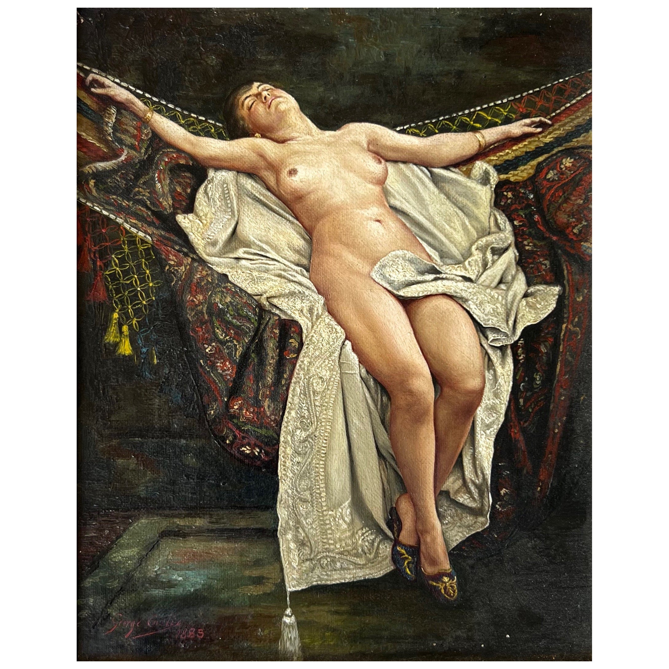 Peinture à l'huile néoclassique d'une femme nue à Hammock, George Vaughan Curtis, 1883
