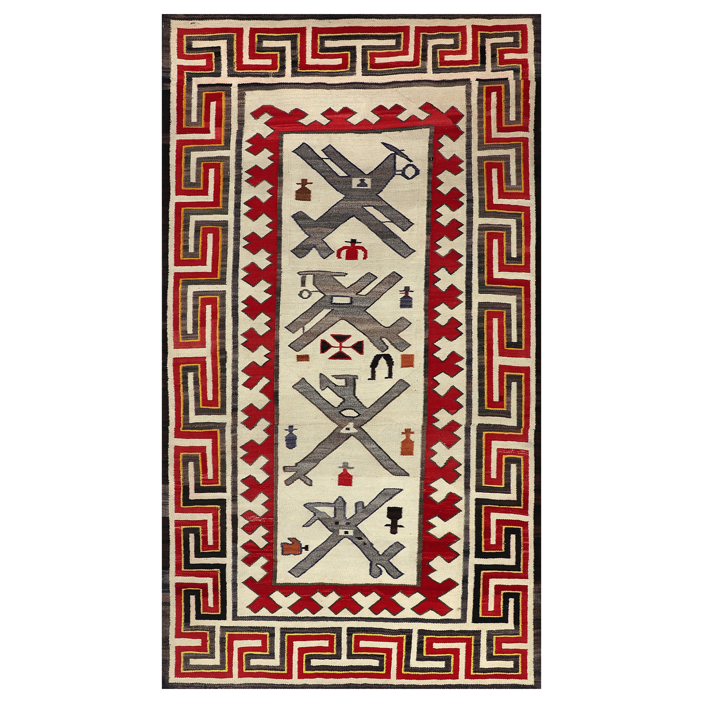 Vintage Navajo Rug, Pictorial Weaving, Airplane Design in Red, Gray, Ivory
