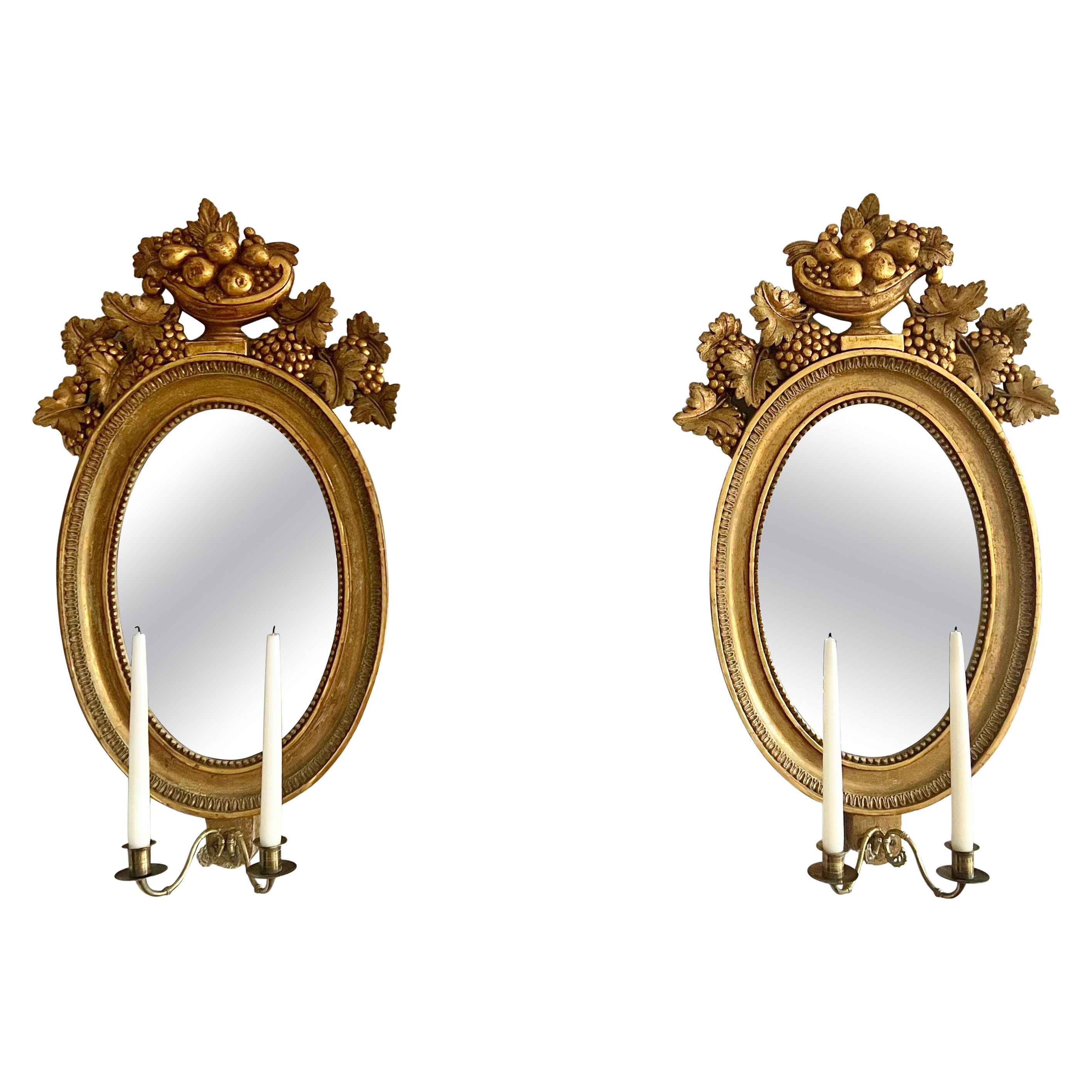 Pair of 19th Century Swedish Girandole Mirrors In Carved Giltwood