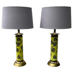 Pair of Art Deco Table Lamps, Art Glass with Yellow with Green Leaf Pattern