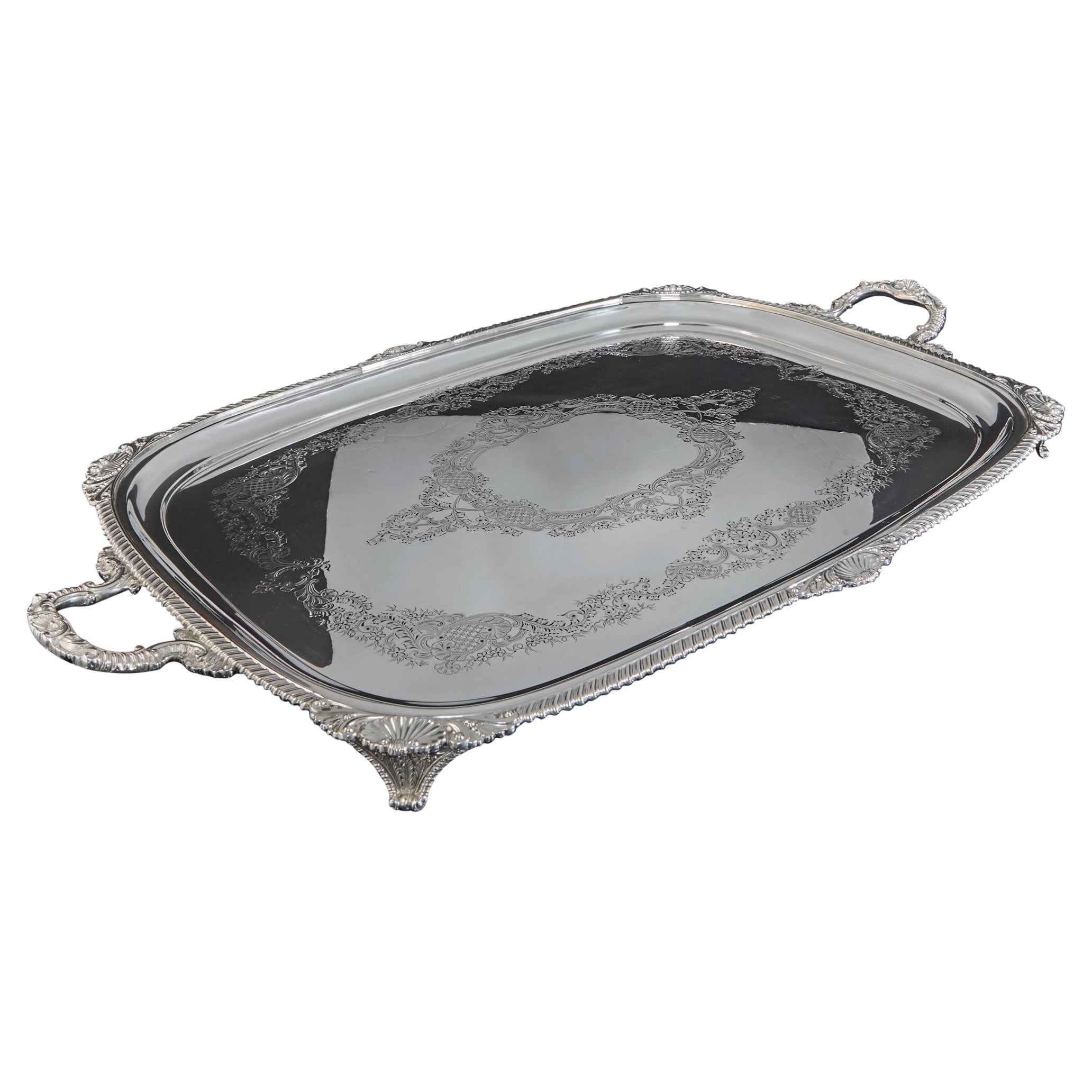 Large Antique Silver Oblong Tray For Sale