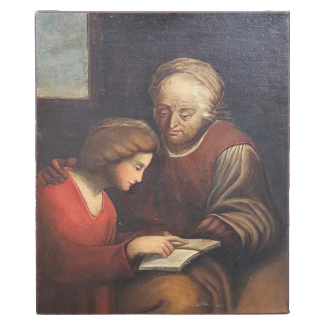 Italian Antique Oil Painting on Canvas Old Woman with Girl For Sale