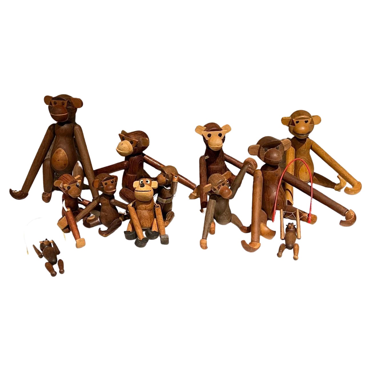 1960s Set of 12 Wood Toy MONKEYS Danish Kay Bojesen Era Jointed Teak & Oak For Sale