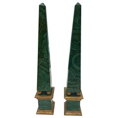 Faux Malachite Gilt Wood Obelisks