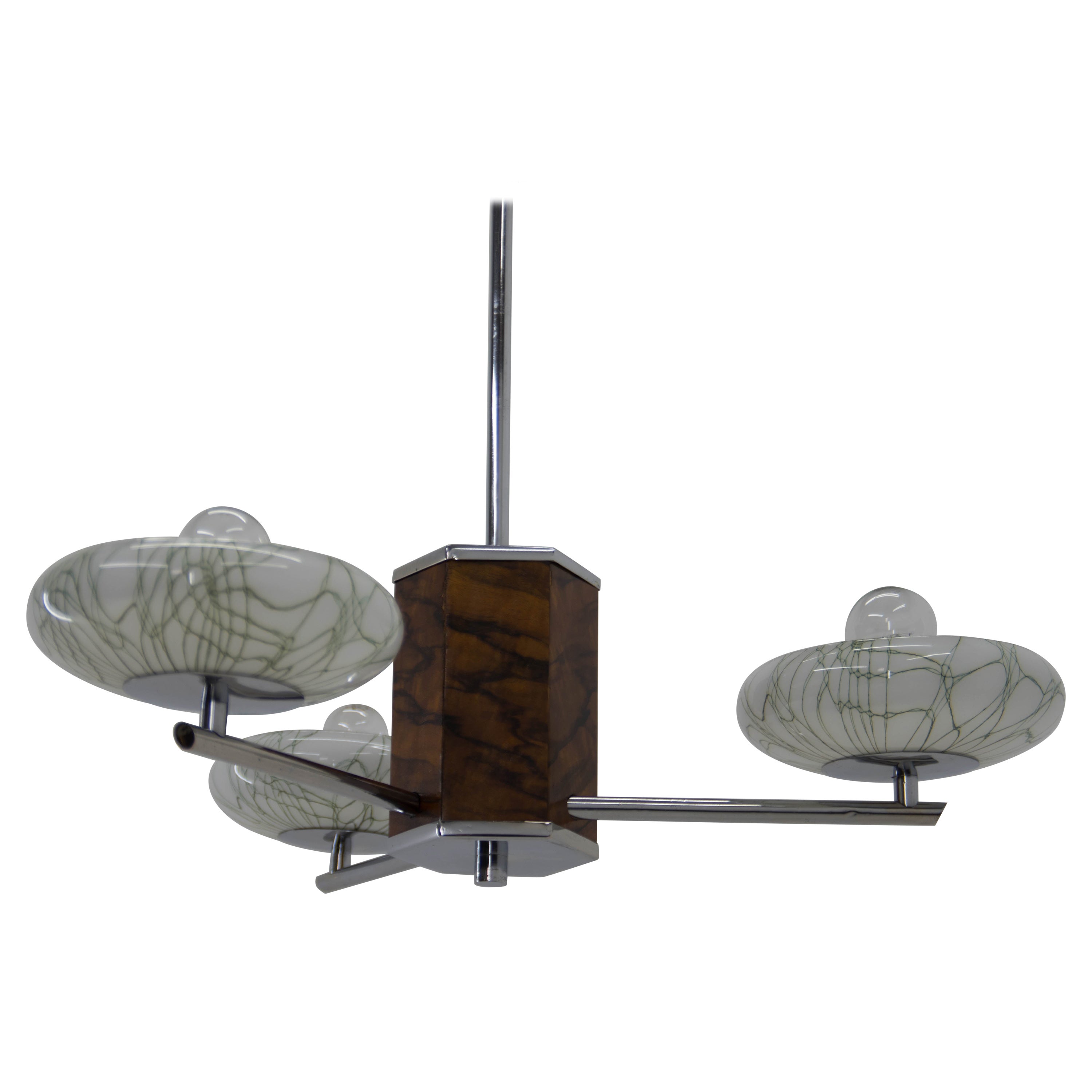 Art Deco Wood Chrome and Glass Chandelier, 1940s, Restored For Sale