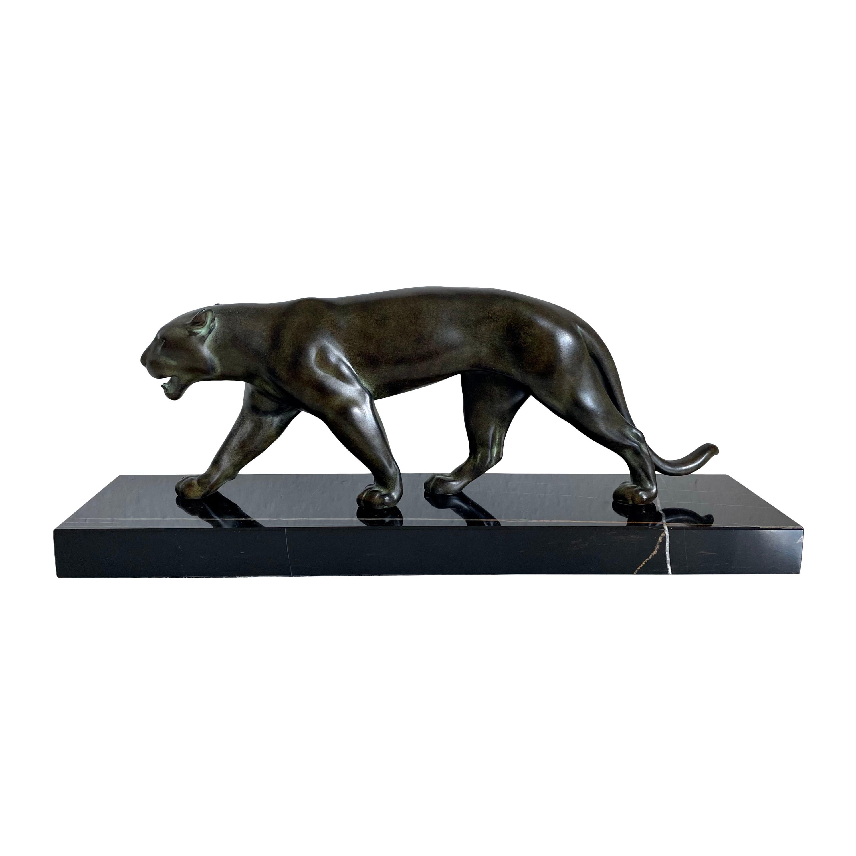 Ouganda Art Deco Style Panther Sculpture Original Max Le Verrier in Spelter For Sale