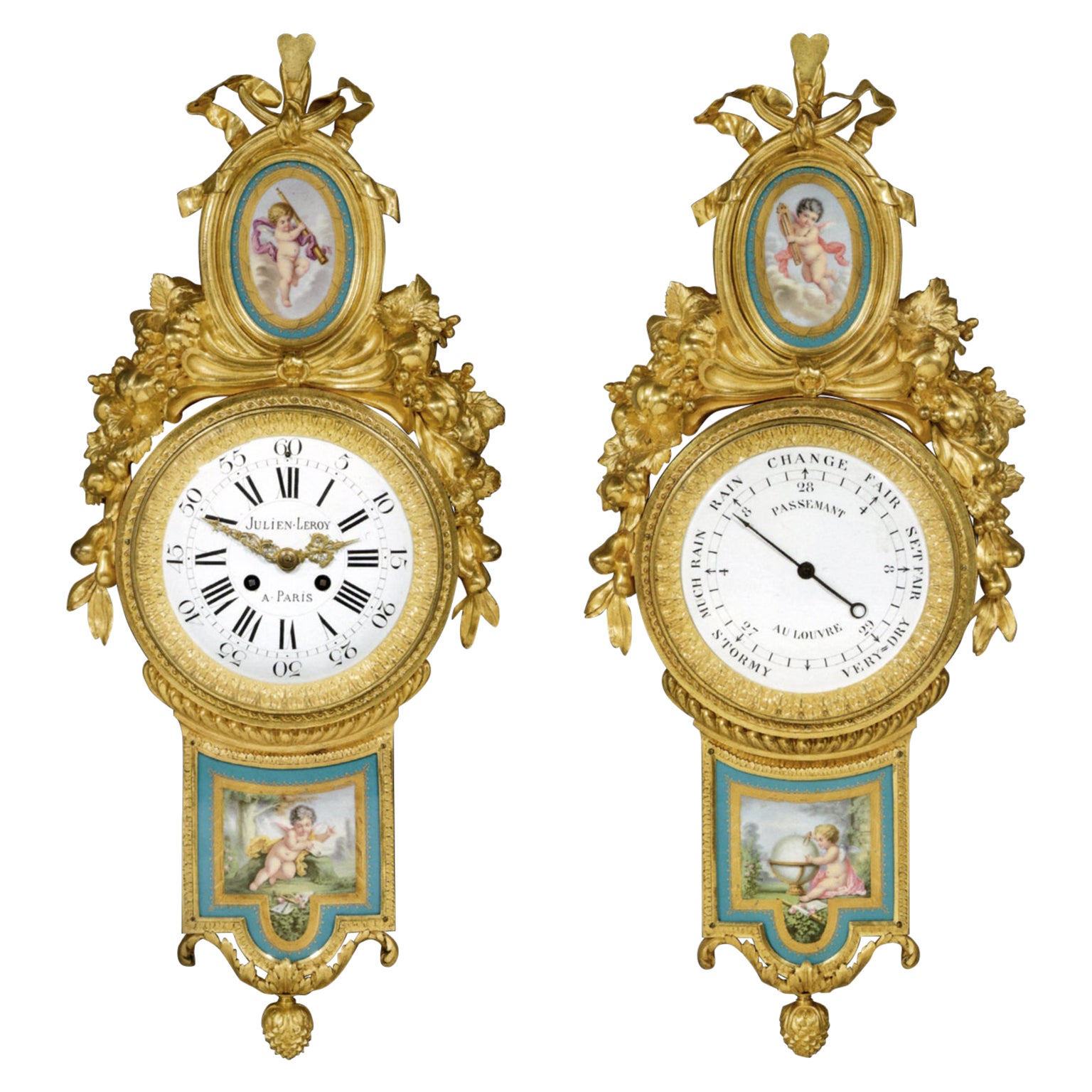 Wanduhr und passendes Barometer mit Sèvres-Plaketten