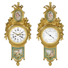 Antique Wall Clock and Matching Barometer with Sèvres Plaques