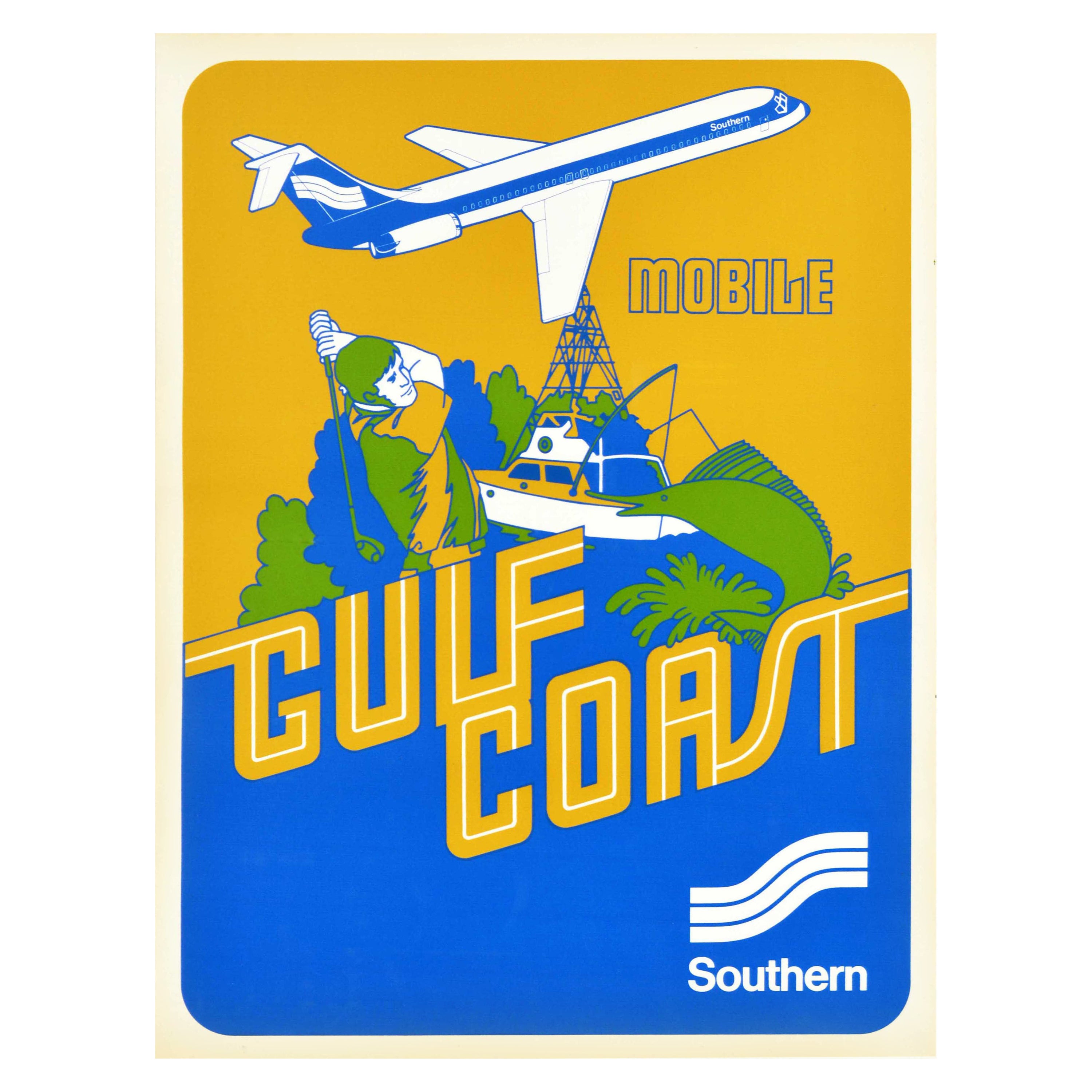 Original Vintage Airline-Poster, Southern Gulf Coast, Mobile, Alabama, Golf, Fischen