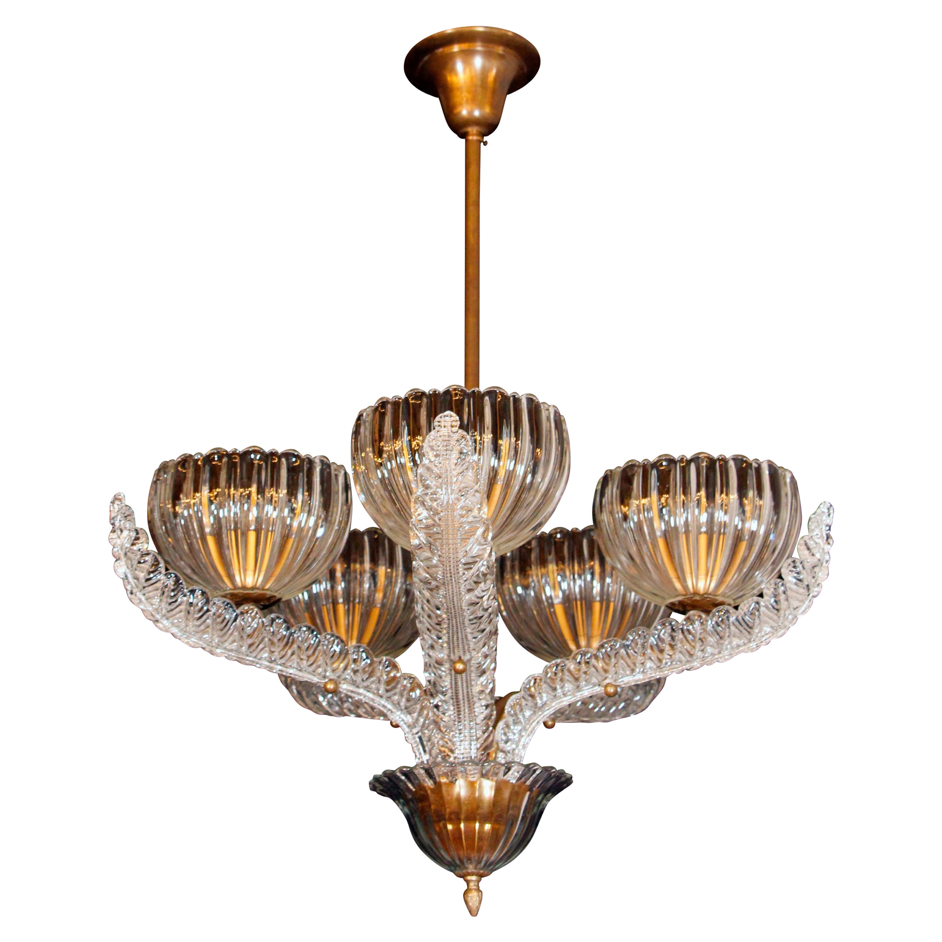 Lustre Vintage 5 Feuilles Murano – Verre Opaque Vert Et Doré (années 70)