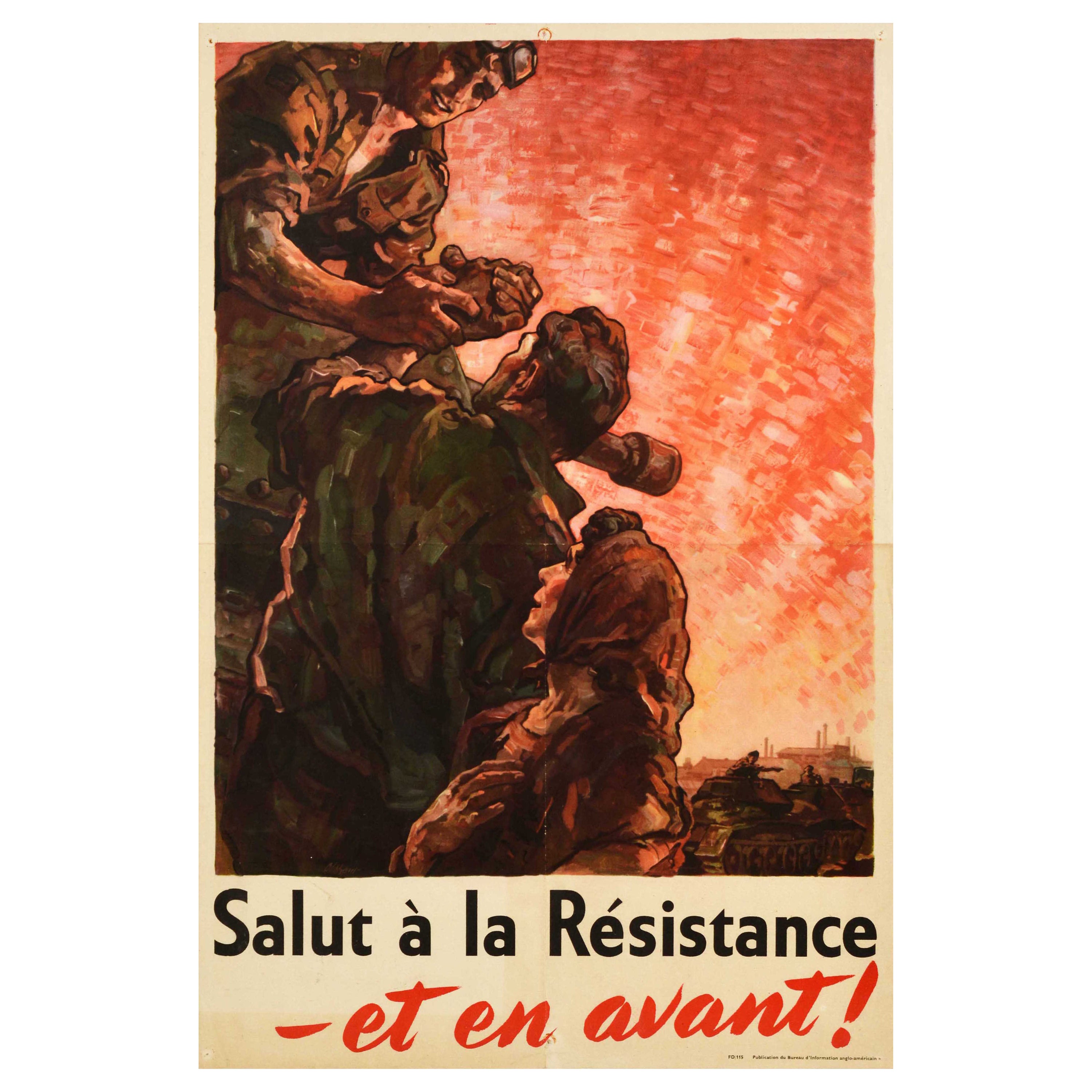Affiche vintage originale de la Seconde Guerre mondiale Salut A La Resistance Et En Avant ! Chasseurs avancés