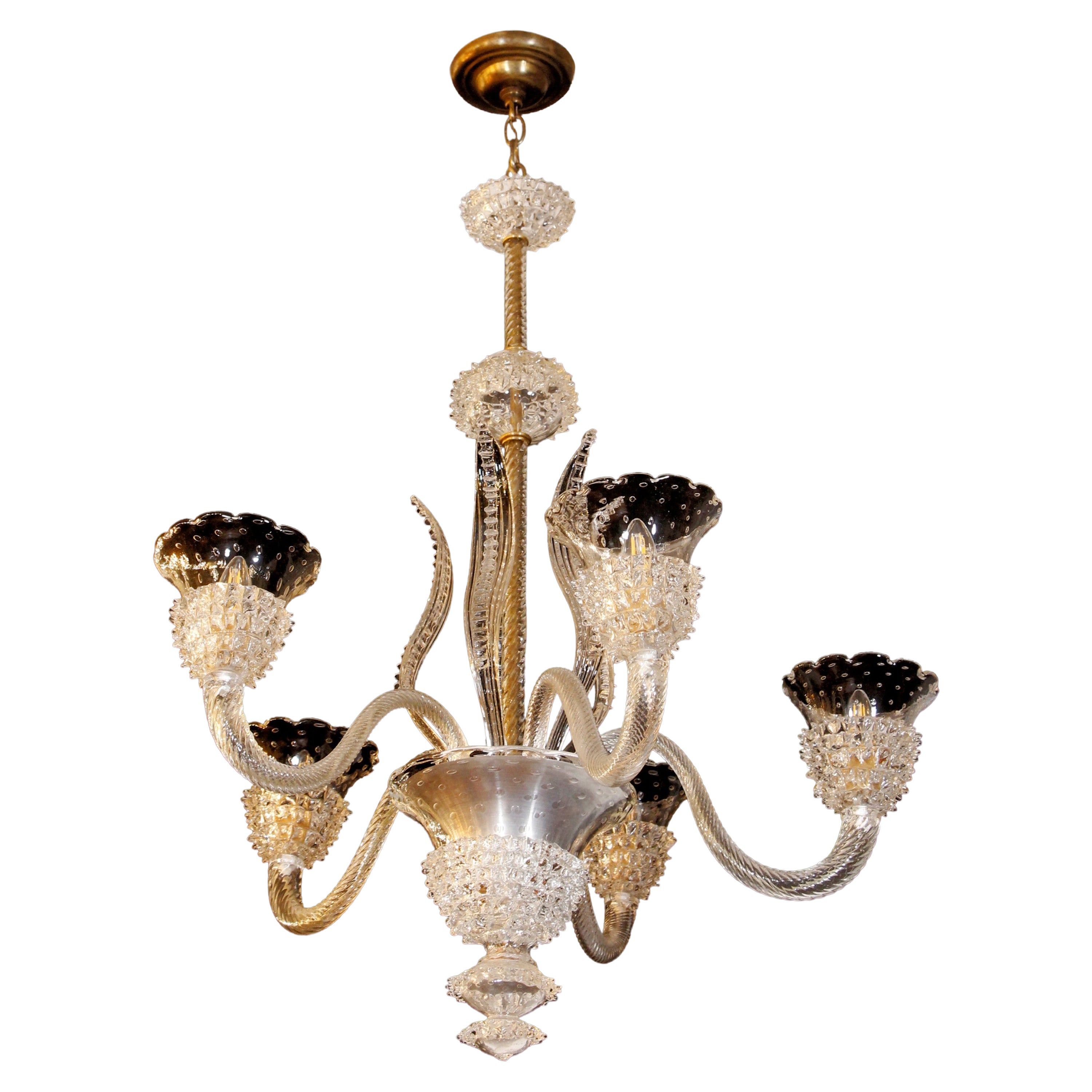 Clear Murano Rostrato Glass Chandelier w 5 Arms Floral Design For Sale