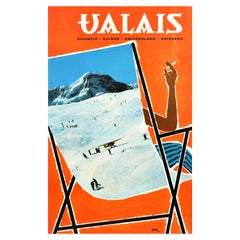 Original Vintage Swiss Poster Valais Switzerland Winter Travel Skiing Sunbathing