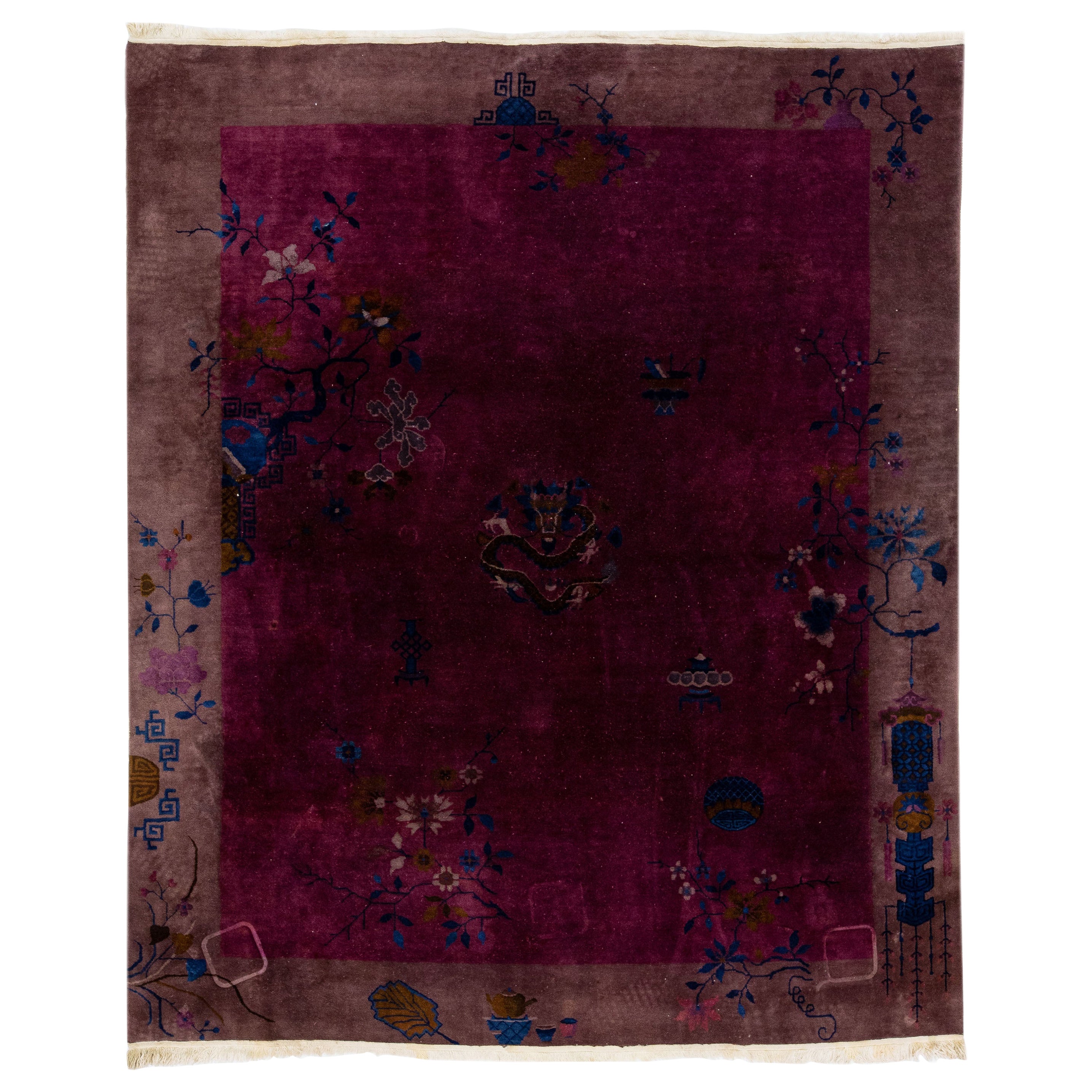Burgundy Antique Chinese Art Deco Handmade Wool Rug with a Traditional Design For Sale