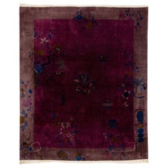 Burgundy Antique Chinese Art Deco Handmade Wool Rug with a Traditional Design