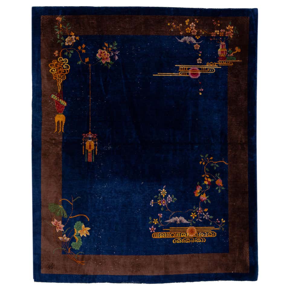 Antique Chinese Art Deco Handmade Navy Blue Wool Rug with a Traditional ...