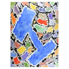 Retro Mid 20th Century Blue Color Block Abstract Watercolor Painting
