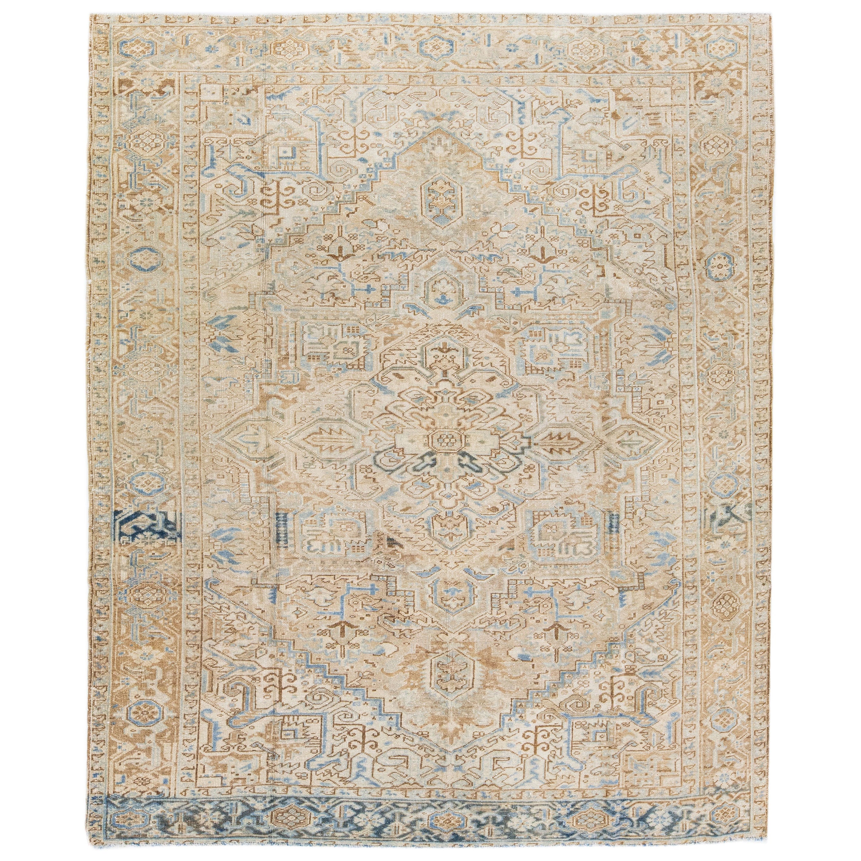 Tappeto in lana beige antico persiano Heriz con motivo a medaglione fatto a mano