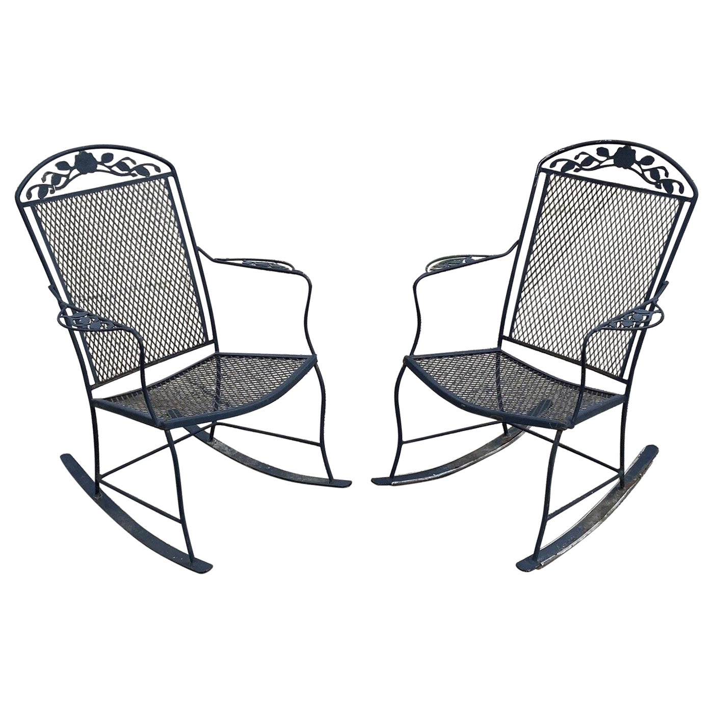 Vintage Wrought Iron Victorian Style Garden Patio Rocker Rocking Chairs - a Pair For Sale