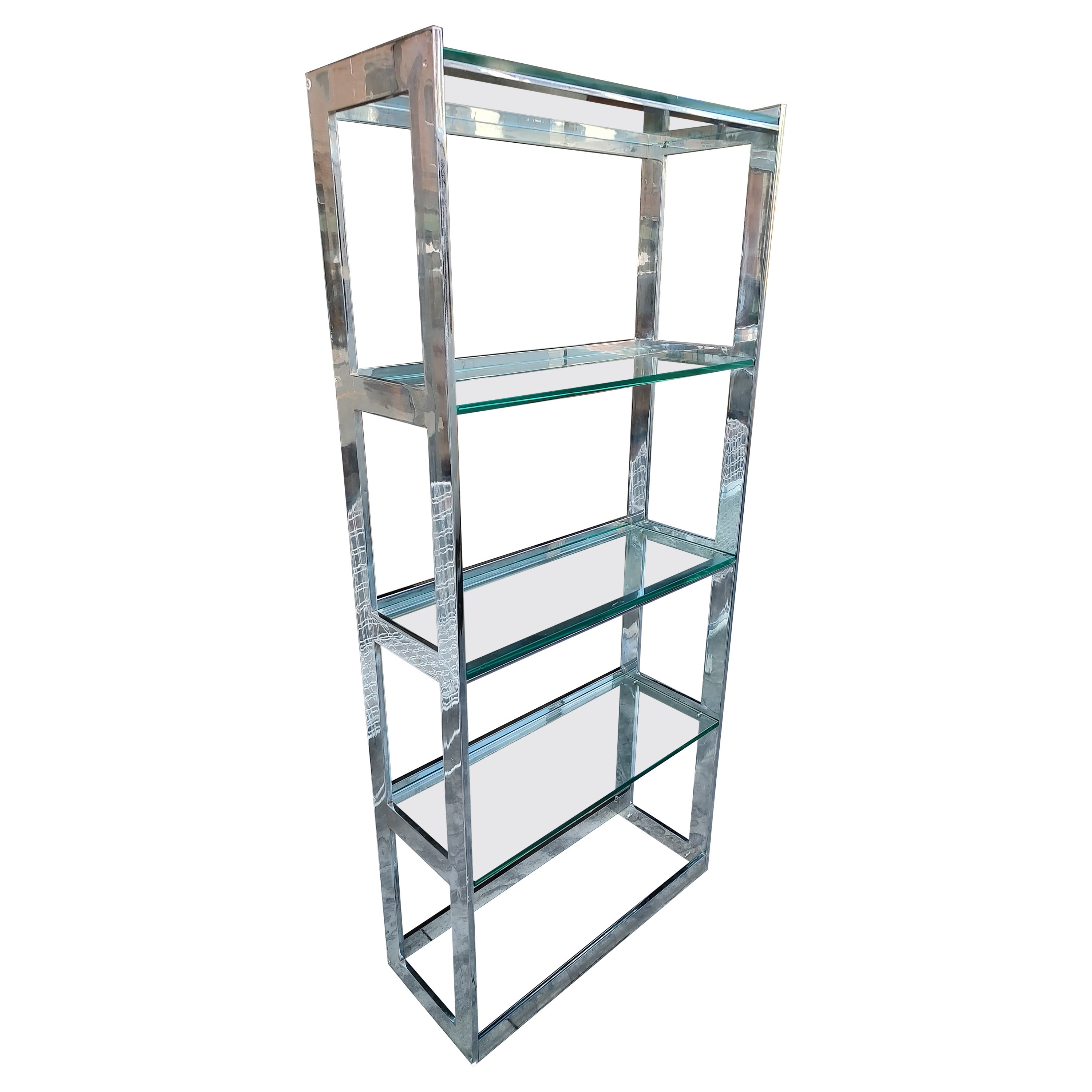 Pair of Mid-Century Modern Brutalist Etageres Shelving Units Flat Chrome & Glass In Good Condition For Sale In Port Jervis, NY