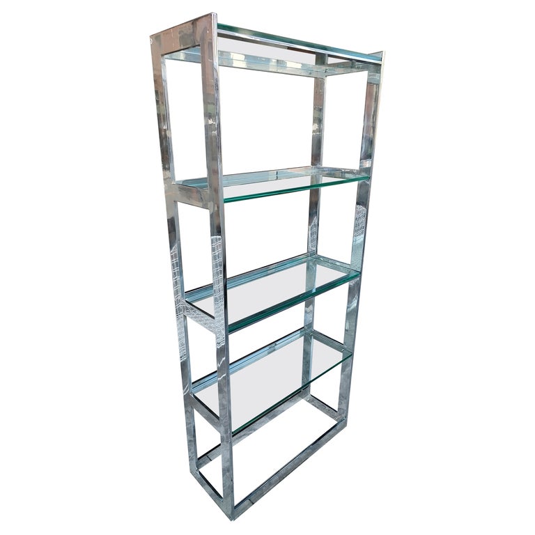 Pair of Mid-Century Modern Brutalist Etageres Shelving Units Flat Chrome  and Glass For Sale at 1stDibs