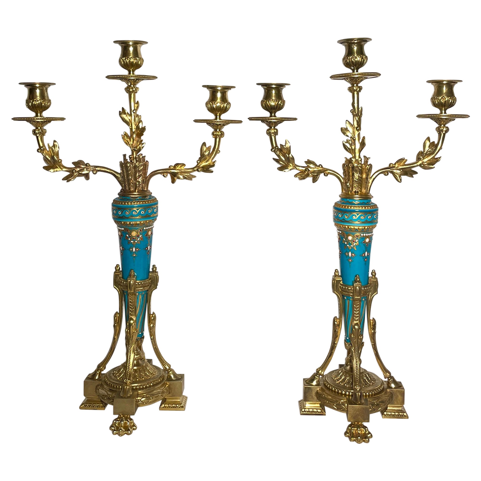Antique French Ormolu Bronze Candelabra with Jeweled Enamel Porcelain Circa 1870 For Sale