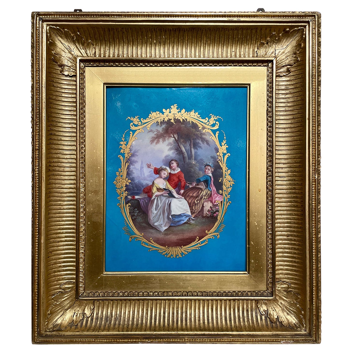 Antique French Hand-Painted Blue & Gold Sèvres Porcelain Framed Plaque, Ca. 1890