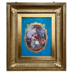 Antique French Hand-Painted Blue & Gold Sèvres Porcelain Framed Plaque, Ca. 1890